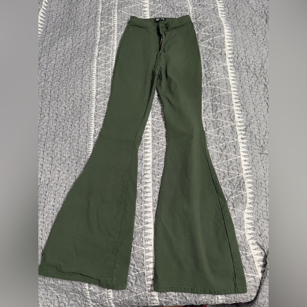FIONA HIGH WAISTED BELL BOTTOM FLARE JEANS - OLIVE
